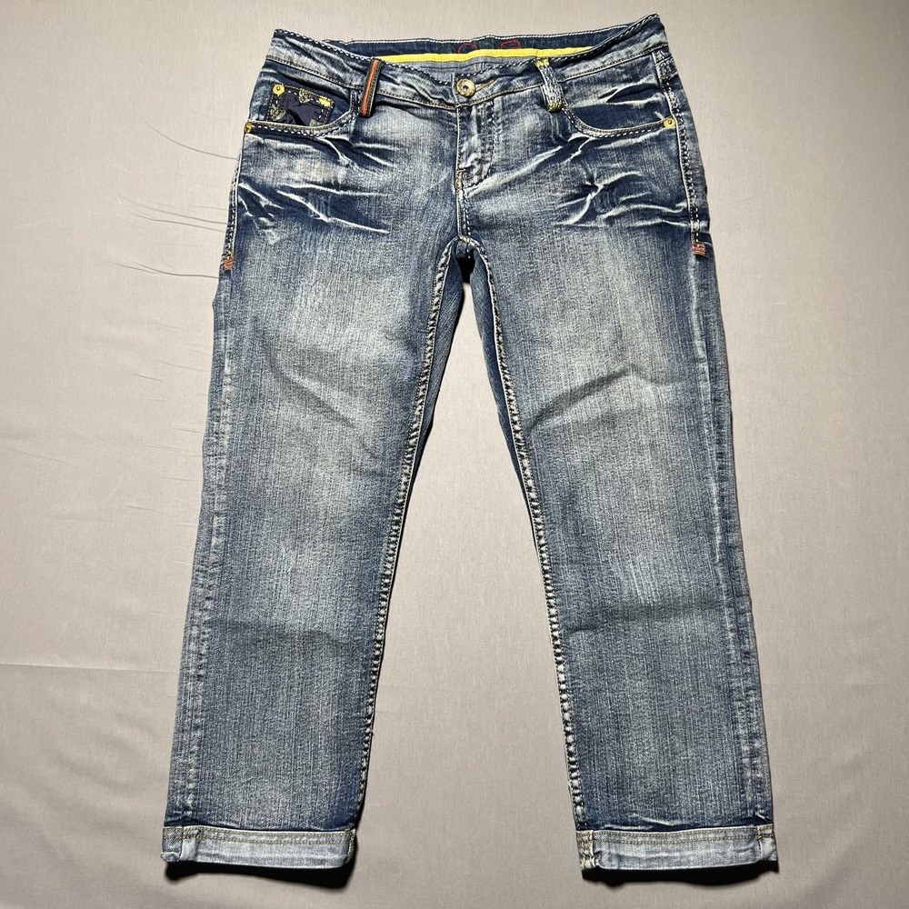 Coogi Jeans Womens 11/12 Blue Distressed Embroidered Stretch Denim Mid Rise Logo